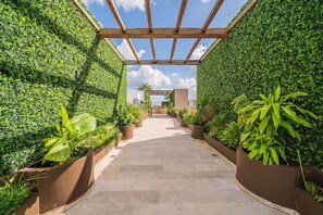 Un sentier bordé de plantes verdoyantes et agrémenté d’une structure en bois formant une pergola.