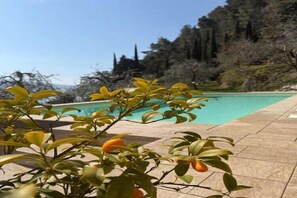 Zona de piscina con vista a una montaña y árboles.