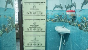 A bathroom with a dolphin mural, a sink, and a poster advertising Shree Doors. - VJ Rooms (Bengaluru)