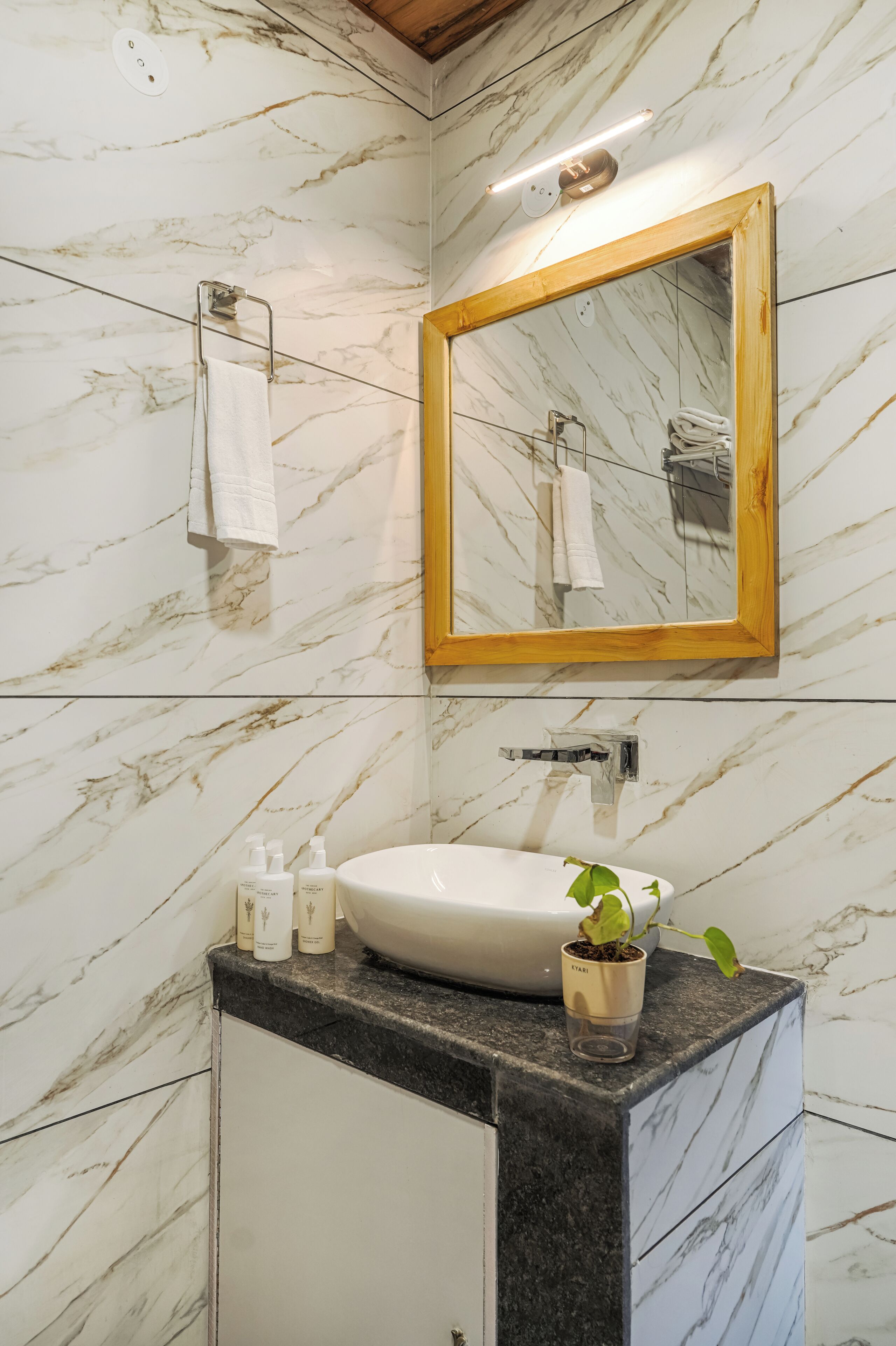 A bathroom with a marble wall, a wooden-framed mirror, a white sink, and a small potted plant.