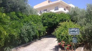 A villa named 'Villa Amalía' with a dirt path leading to it, surrounded by lush greenery and olive trees. - Sunny apartment with view to the Mirabello Gulf (Agios Nikolaos)