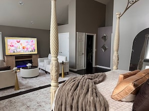 Quarto com cama de dossel, televisão, sofá e espelho decorativo.