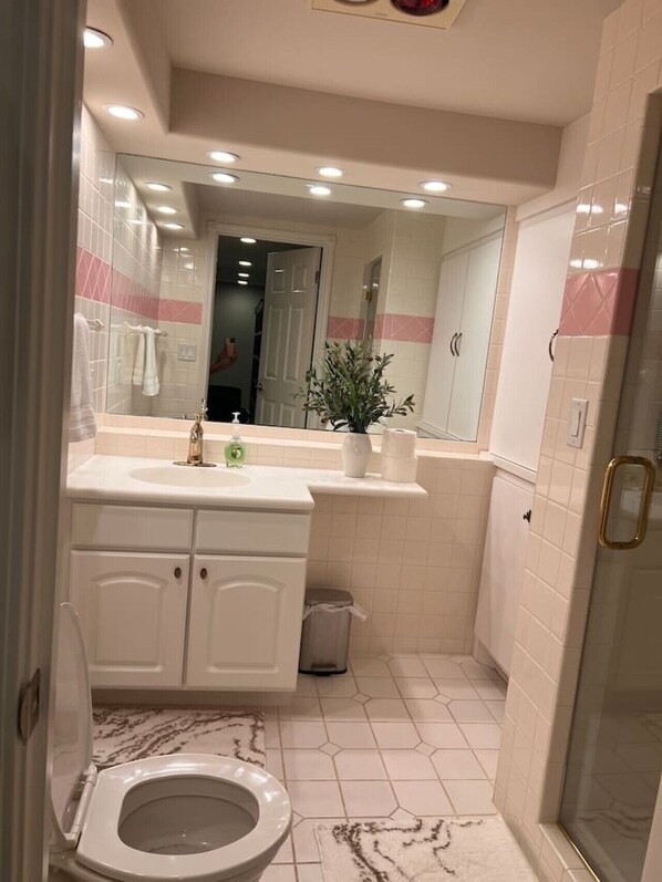 Shower, jetted bath, hair dryer, towels