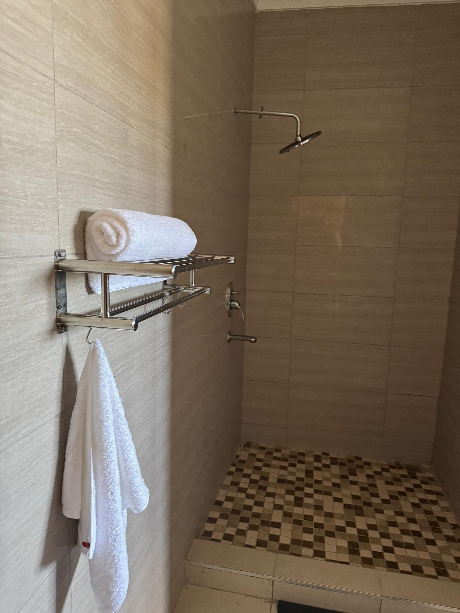 A shower with a checkered floor, a towel rack with a rolled towel, and a showerhead.