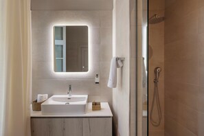 Classic Double Room, City View | Bathroom | Shower, hair dryer, towels, soap - 6 Roosevelt Str. (Syros)