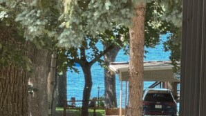 Une vue à travers une fenêtre donnant sur un quartier résidentiel, avec des arbres, une voiture garée et un bâtiment en arrière-plan.