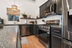 Fridge, microwave, oven, stovetop