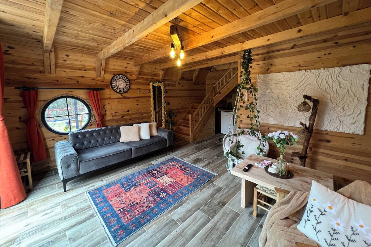 A cozy log cabin interior with a sofa, a patterned rug, a hanging chair, and a staircase.
