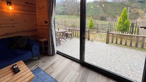Eine Holzhütte mit einem blauen Sofa, einem kleinen Tisch und einer Fernbedienung auf dem Tisch. Eine große Glasschiebetür führt in einen Außenbereich mit einem Holzzaun, einem Stuhl und einem kleinen Baum.