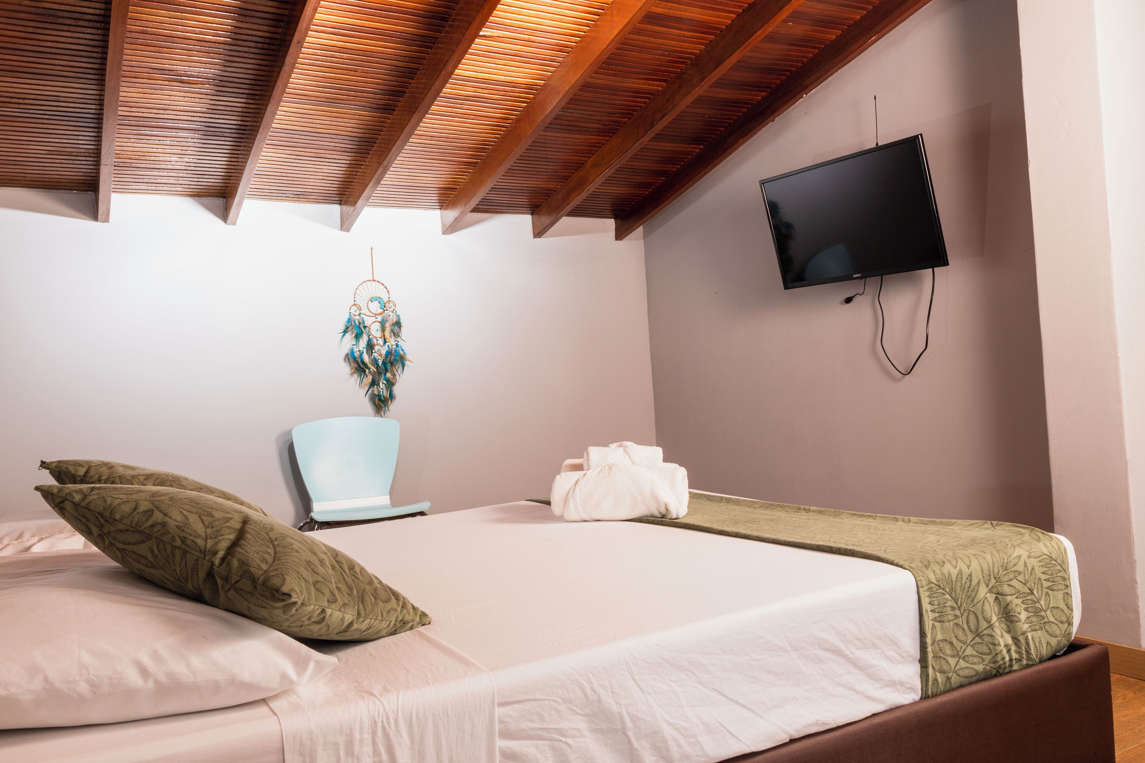 Una camera da letto con un letto, una TV a parete, una pianta e una sedia.