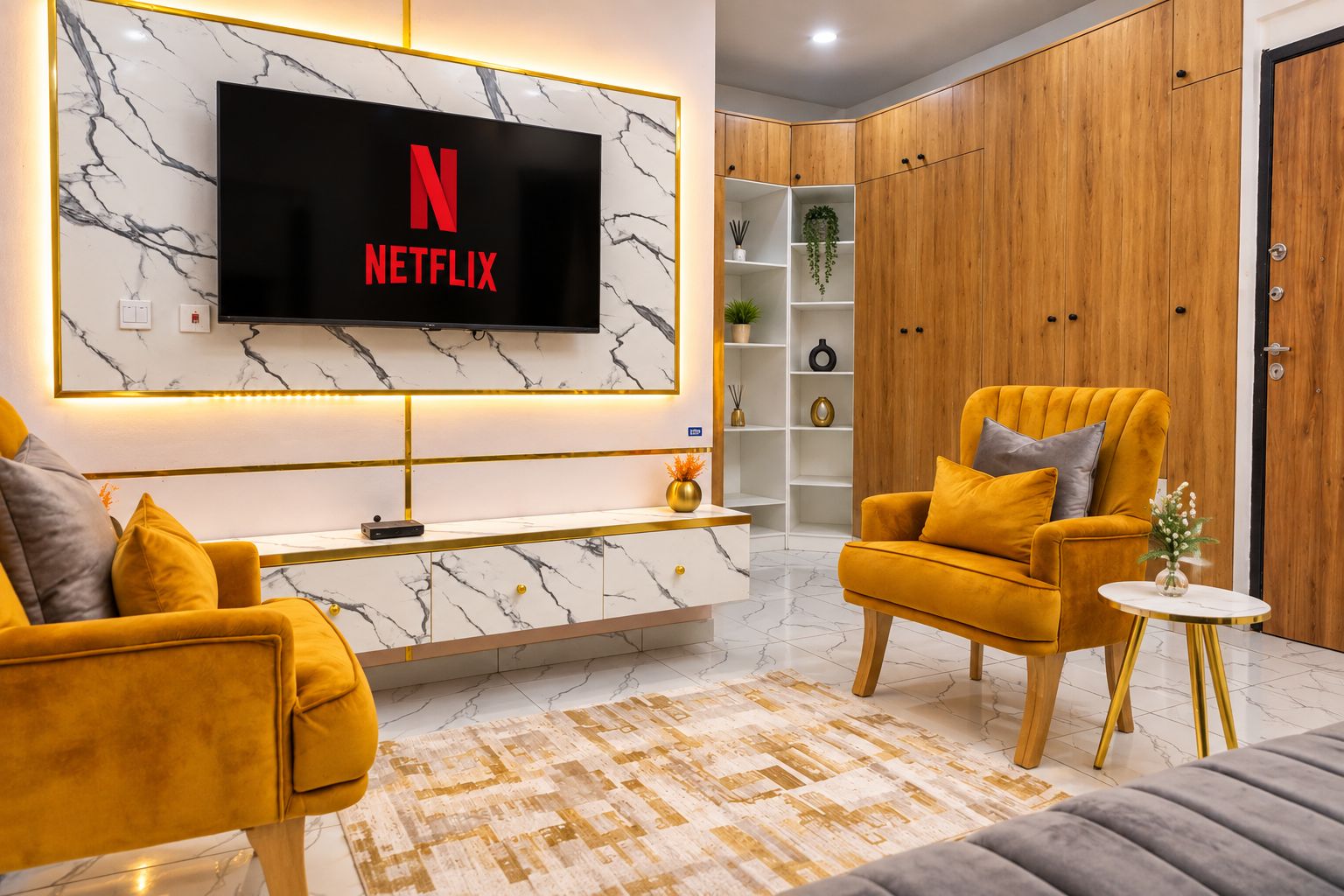 A modern living room with a marble wall, a Netflix TV, a wooden cabinet, and a yellow armchair.