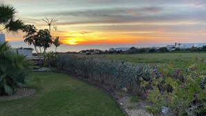 Eine grüne Fläche mit einem gewundenen Pfad, umgeben von Pflanzen und einem Sonnenuntergang im Hintergrund.