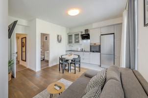 Een modern appartement met een woonkamer, keuken en badkamer.