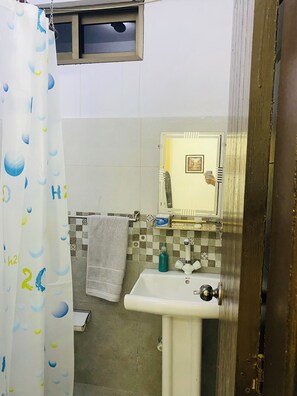 Een douche, een bidet, handdoeken, zeep