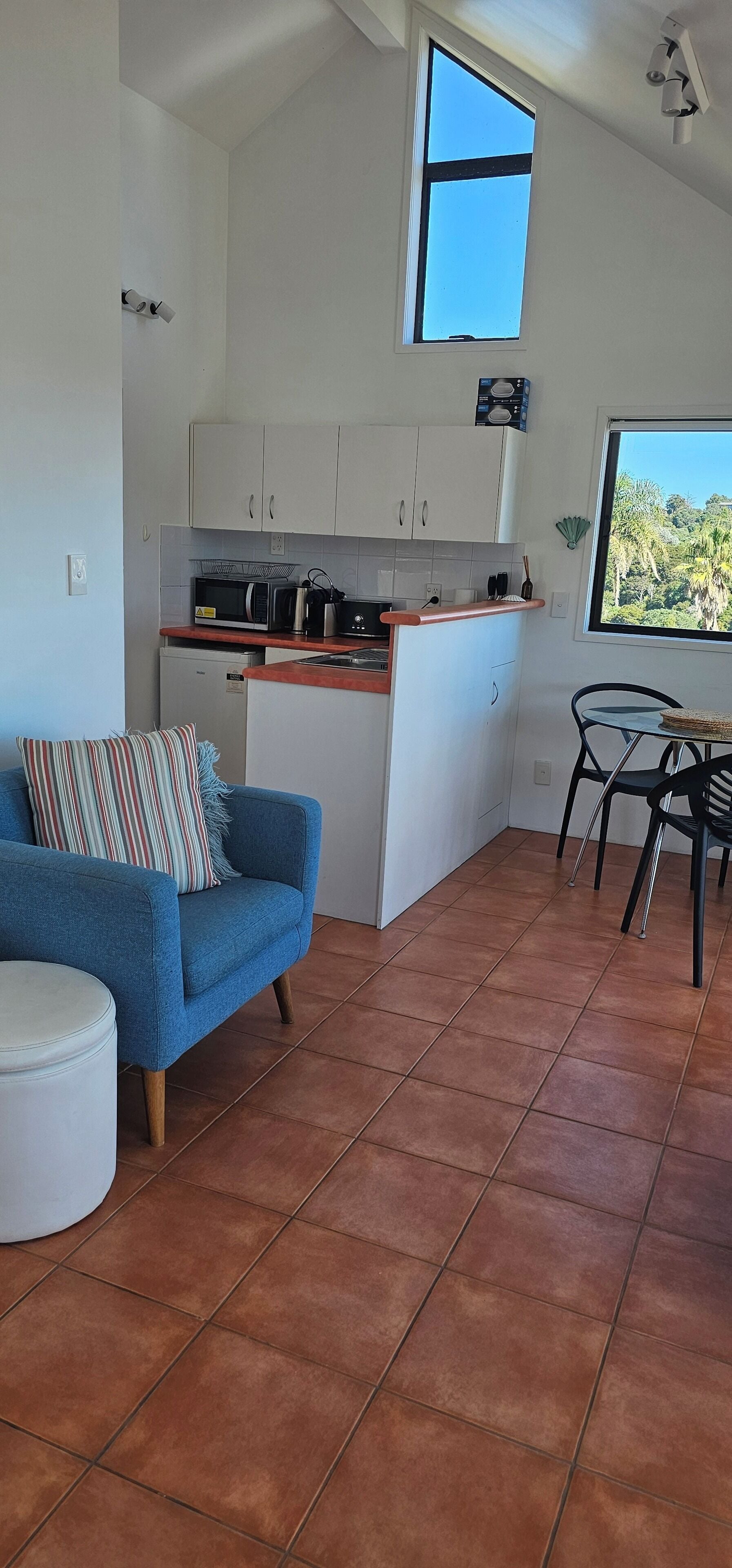 Un espacio habitable compacto con kitchenette, comedor y sofá.