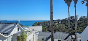 Ein Küstenwohngebiet mit modernen Häusern, blauem Himmel und Blick auf den Ozean.