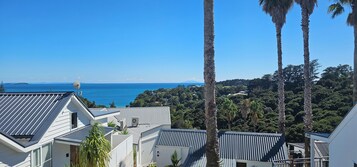 Ein Küstenwohngebiet mit modernen Häusern, blauem Himmel und Blick auf den Ozean.