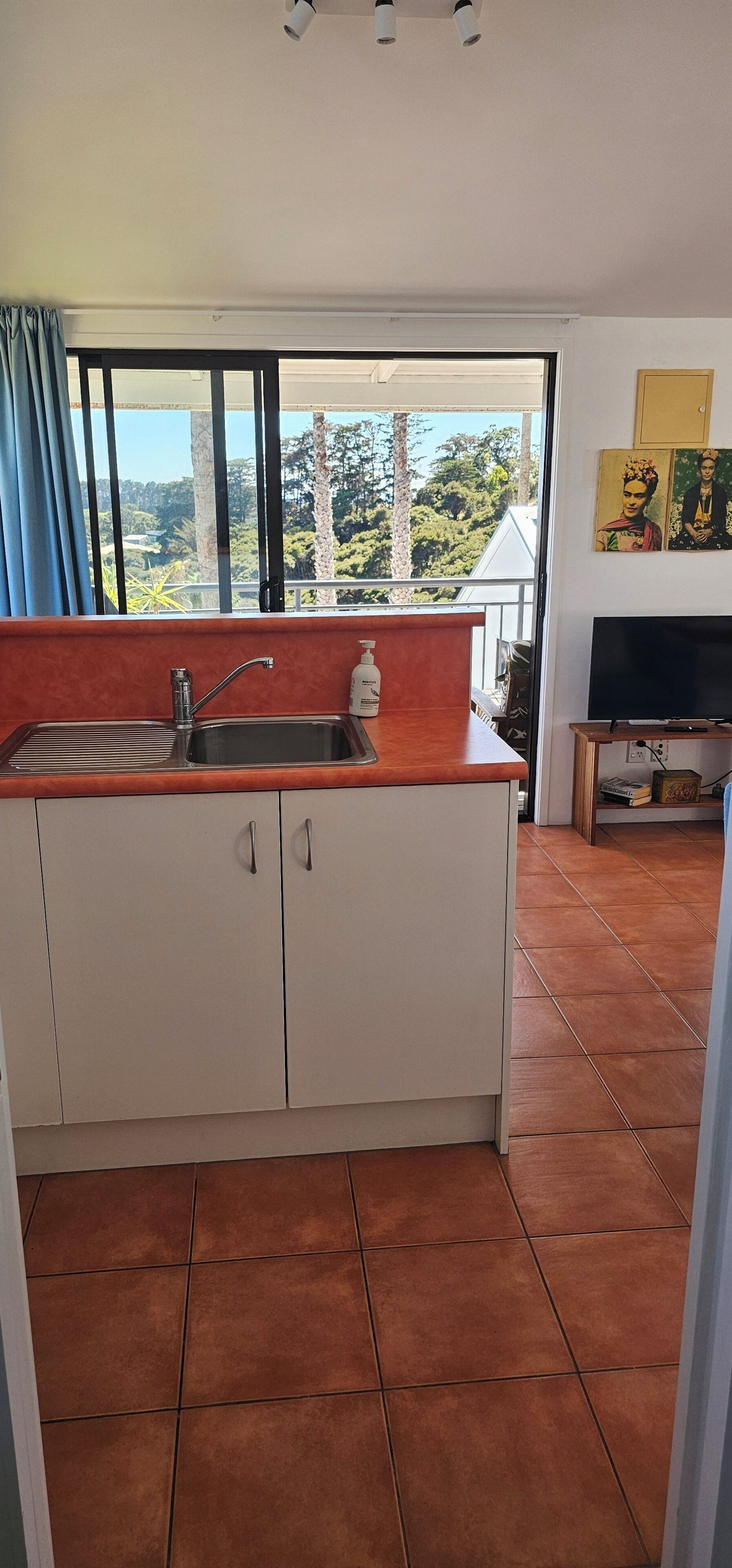 A kitchen with a sink, cabinets, and a window overlooking a green landscape.