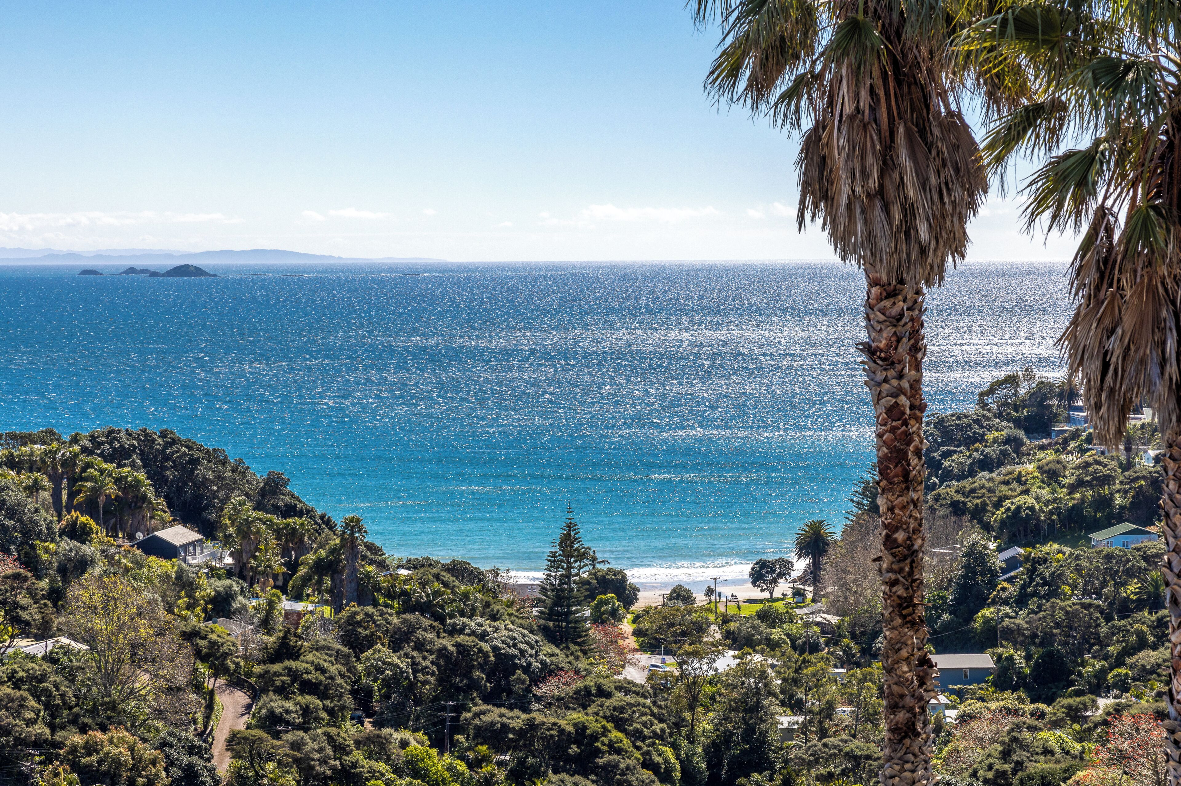 A coastal landscape with a clear view of the ocean, dense greenery, and scattered buildings.