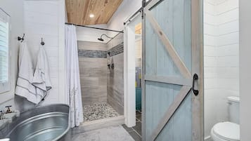 Hair dryer, towels, soap, shampoo