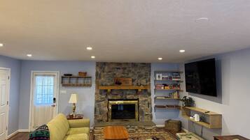 Smart TV, fireplace, DVD player, books