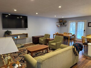 TV connectée, cheminée, lecteur de DVD, livres