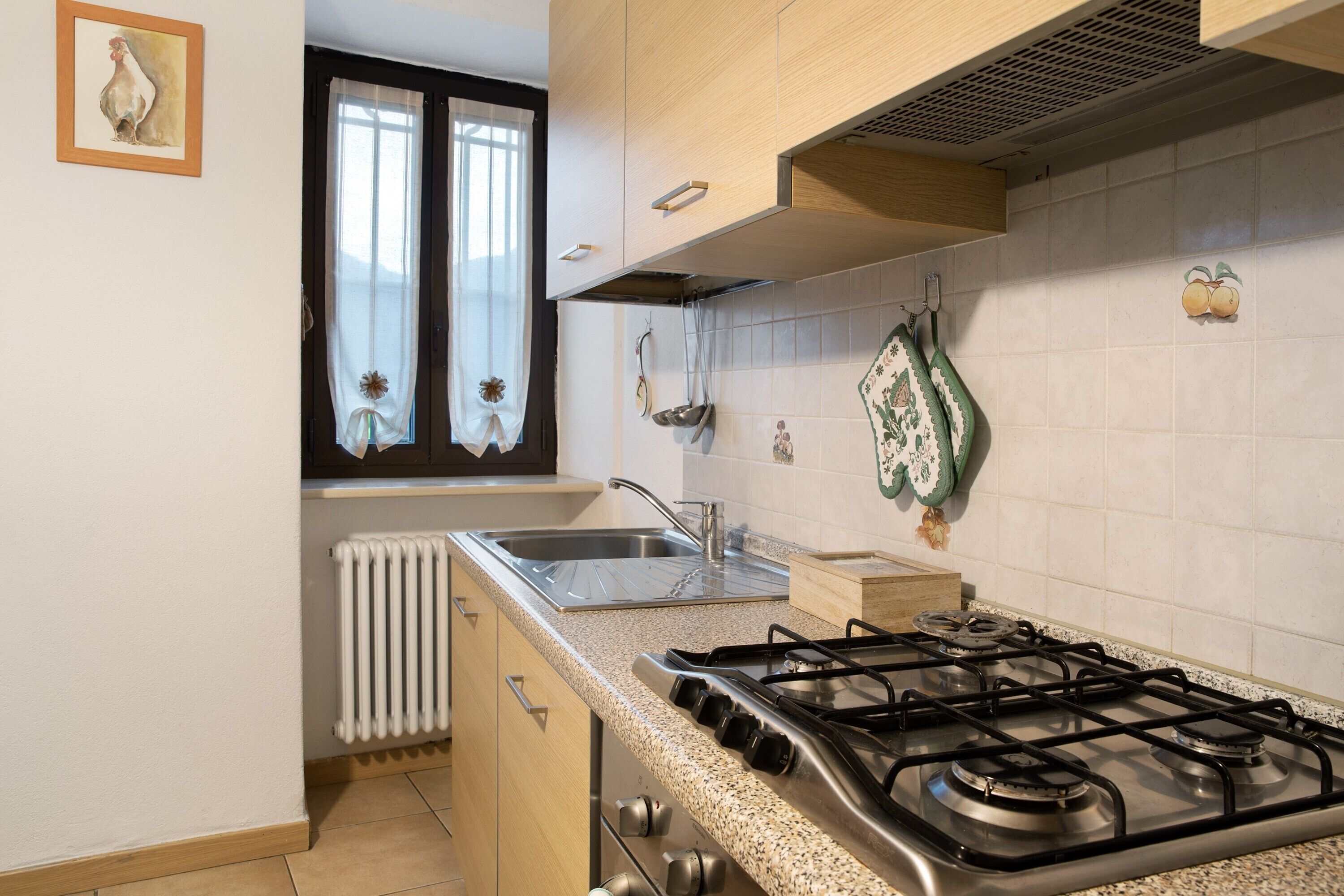 Cuina amb fogó de gas, rentaplat i finestra amb cortines.
