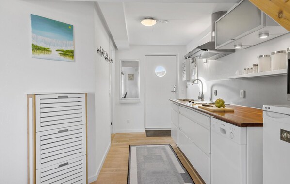 Fridge, stovetop, dishwasher, coffee/tea maker