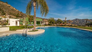 A clear blue pool with a palm tree, a small building, and mountains in the background.