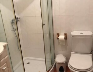 A bathroom with a glass-enclosed shower, a toilet, and a sink.