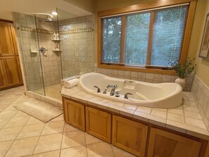 Shower, jetted bath, hair dryer, towels - Woodsy Waterfront Retreat on Gorgeous Balsam Lake (Balsam Lake)