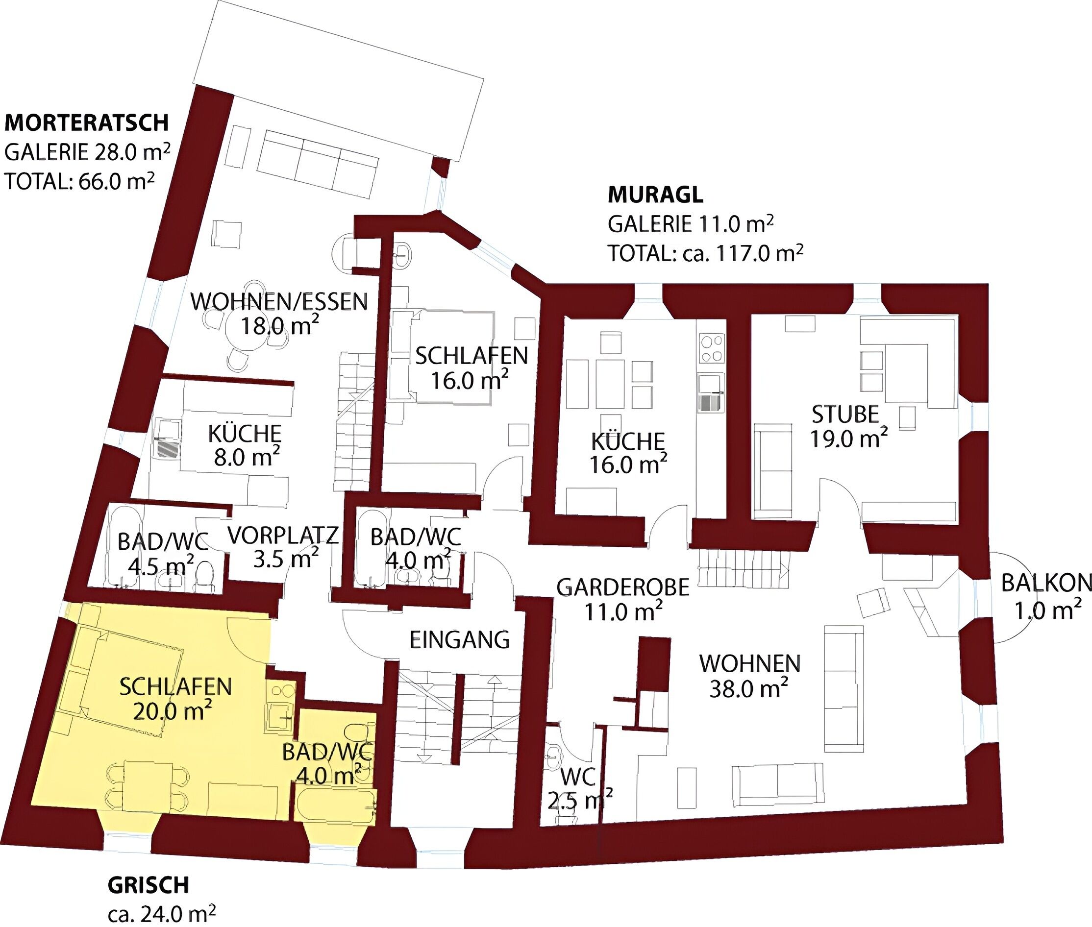 Een plattegrond van een gebouw met verschillende kamers, elk voorzien van hun afmetingen.