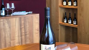 Una sala de degustación de vinos con estantes de madera, botellas de vino y dos cuadros en la pared.