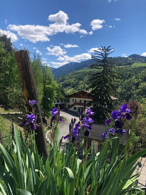 A mountain landscape with a building featuring a balcony. - Apartment 'Prackfolerhof Berty Skuber' with Mountain View, Shared Terrace and Wi-Fi (Fié allo Sciliar)