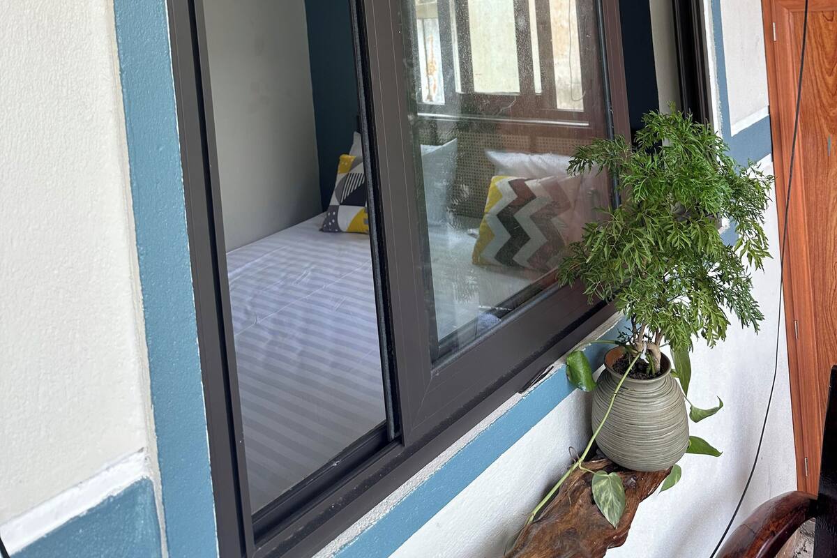 A room with a large window, a wooden door, and a potted plant on the windowsill.