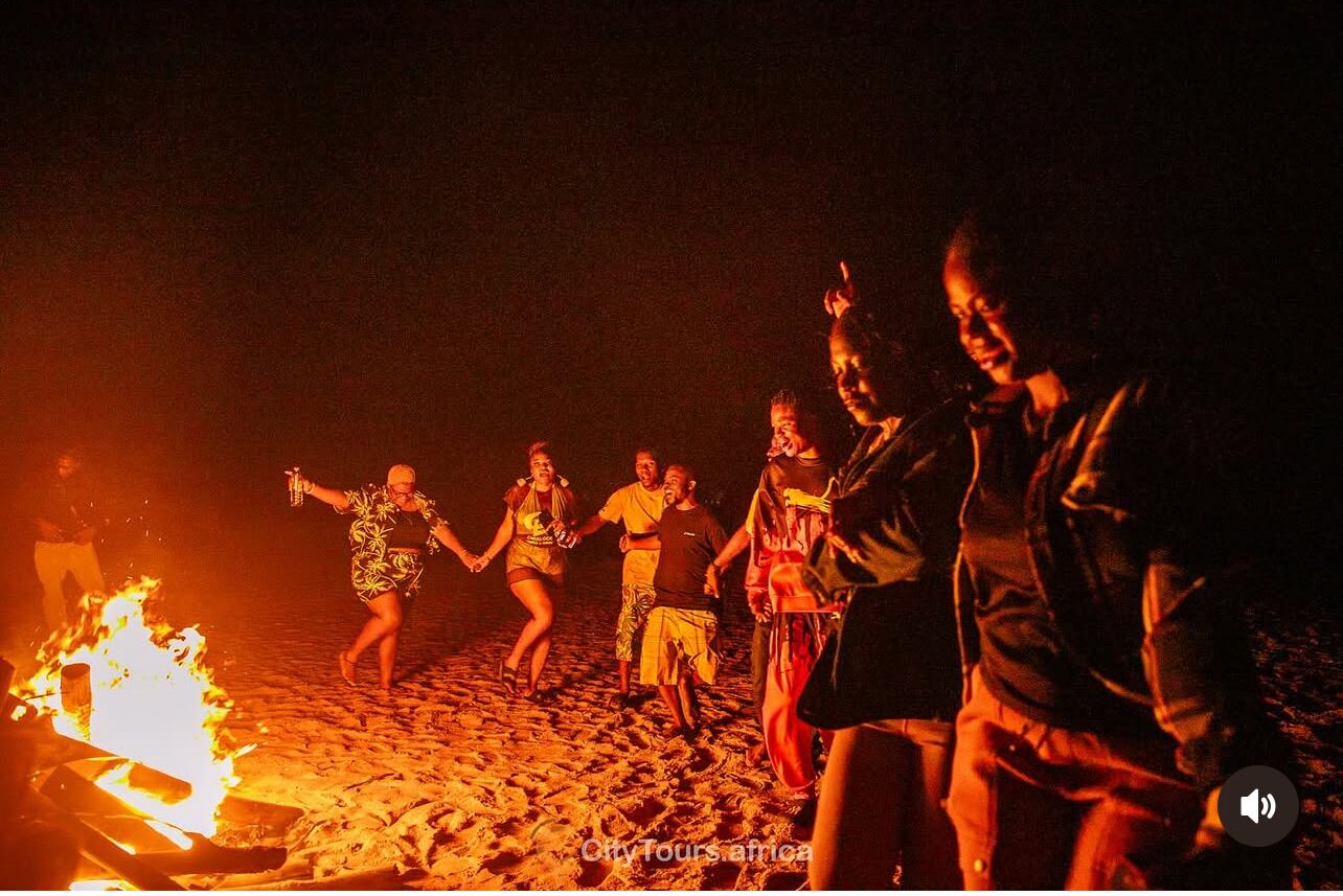 A group of people dancing around a bonfire on a beach at night.