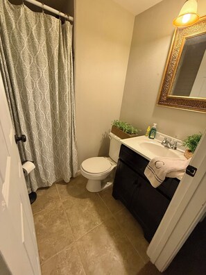 Shower, hair dryer, towels, toilet paper