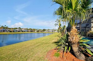 A residential area with a swimming pool, a grassy lawn, and a body of water. - Magical Disney Retreat | Lake Berkley Resort & Pool (Kissimmee)