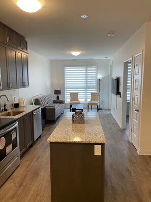 A modern kitchen with granite countertops, stainless steel appliances, and a central island. There is a dining area with a sofa and chairs, and a large window with blinds. - Executive Luxury Apartment. (Oakville)