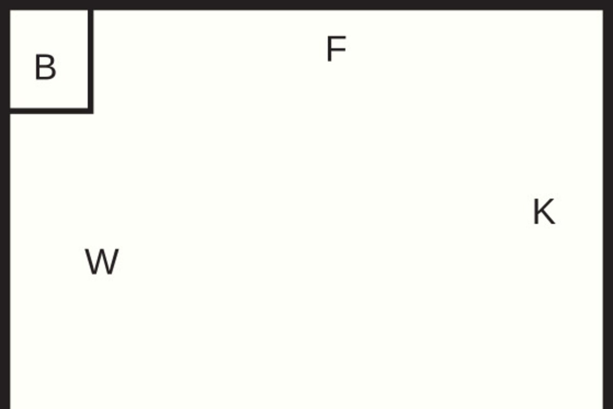 A room layout with four labeled sections: B, F, W, and K.
