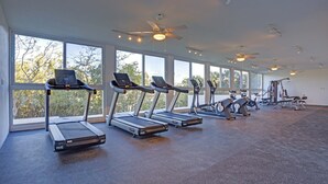 A gym with treadmills, ceiling fans, and large windows.