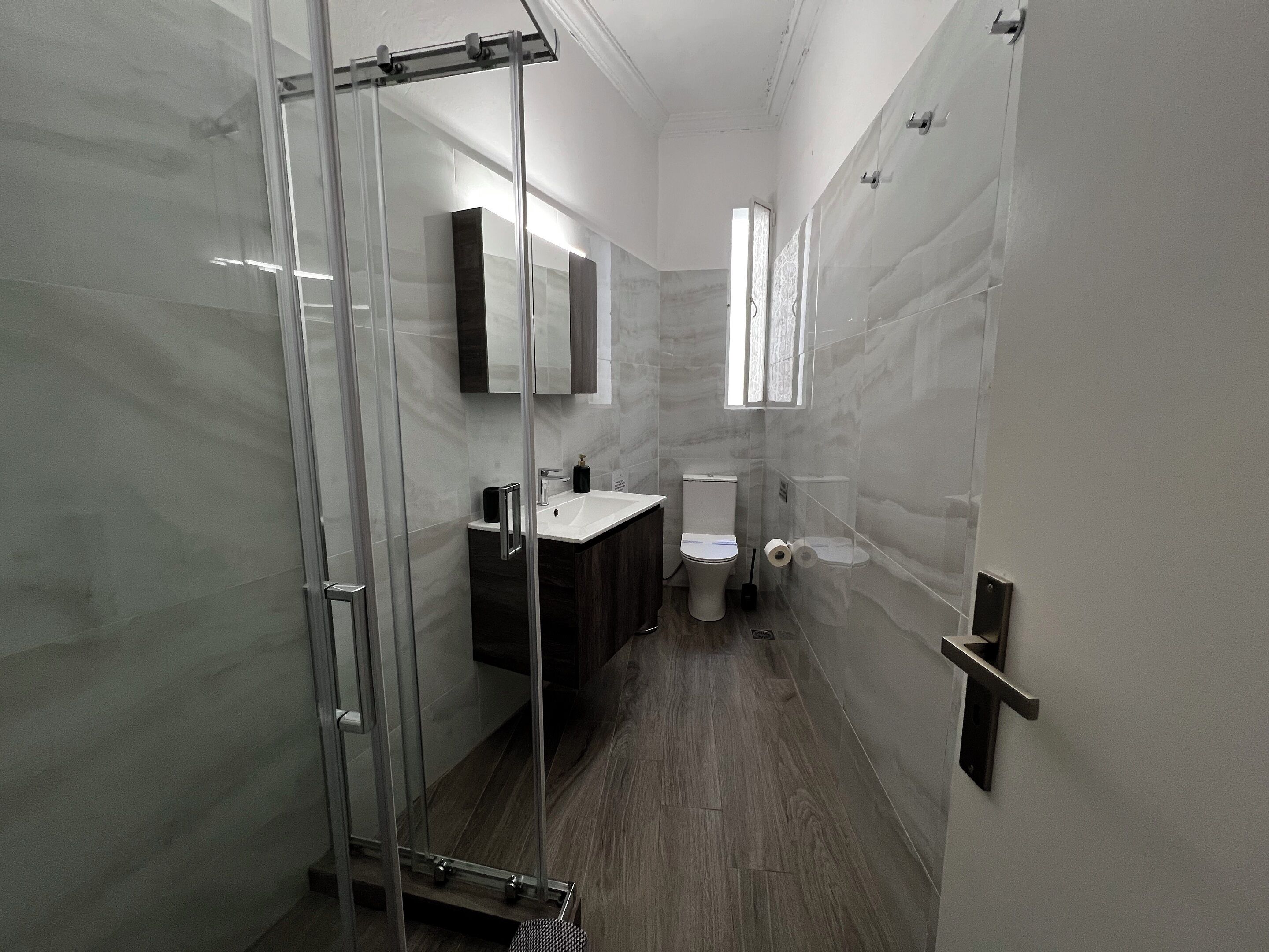 A modern bathroom with a glass shower enclosure, a vanity with a mirror, and a toilet.