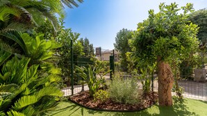 A landscaped garden with a variety of plants and a central tree surrounded by a wire fence. - Casa Gianna by Wonderful Italy (Siracusa)