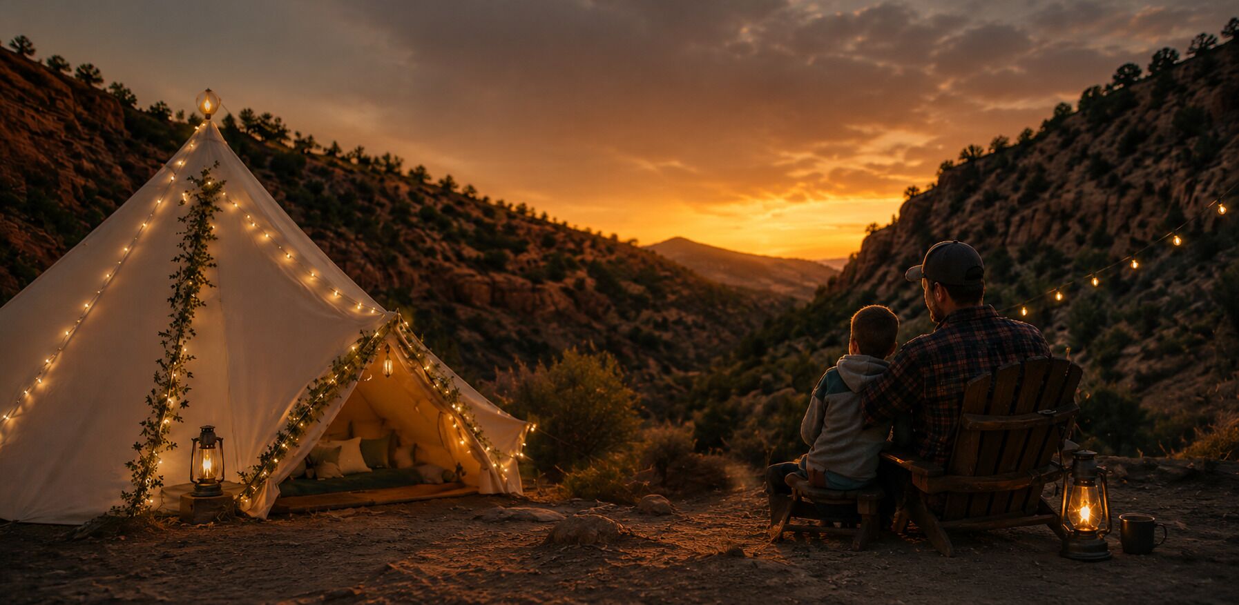 A tent with string lights, a lantern, and a person sitting on a chair.