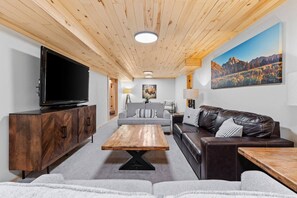 Smart TV, fireplace, foosball