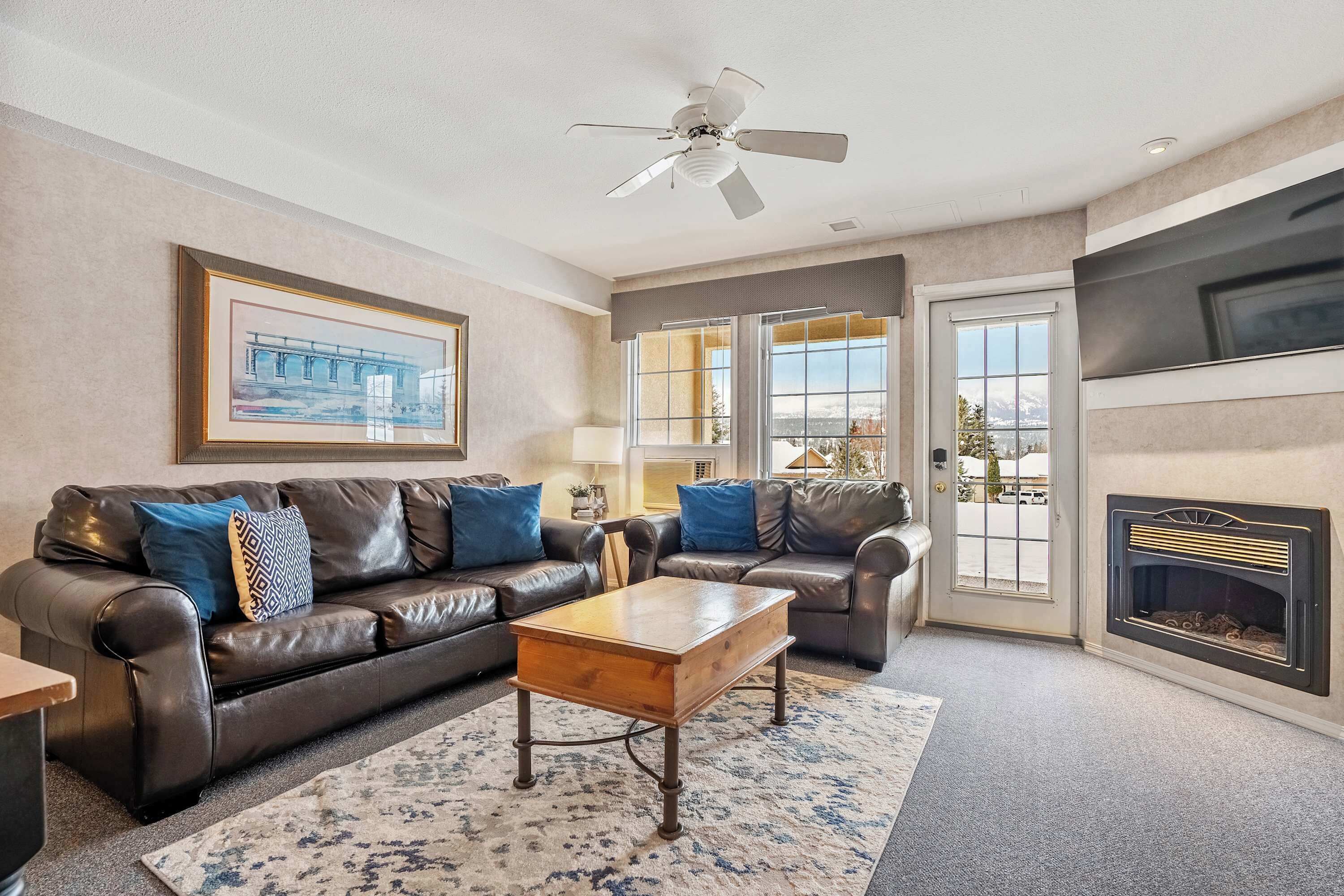 TV, fireplace, offices
