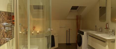 A modern bathroom with a glass shower enclosure, a toilet, a washing machine, and a sink.