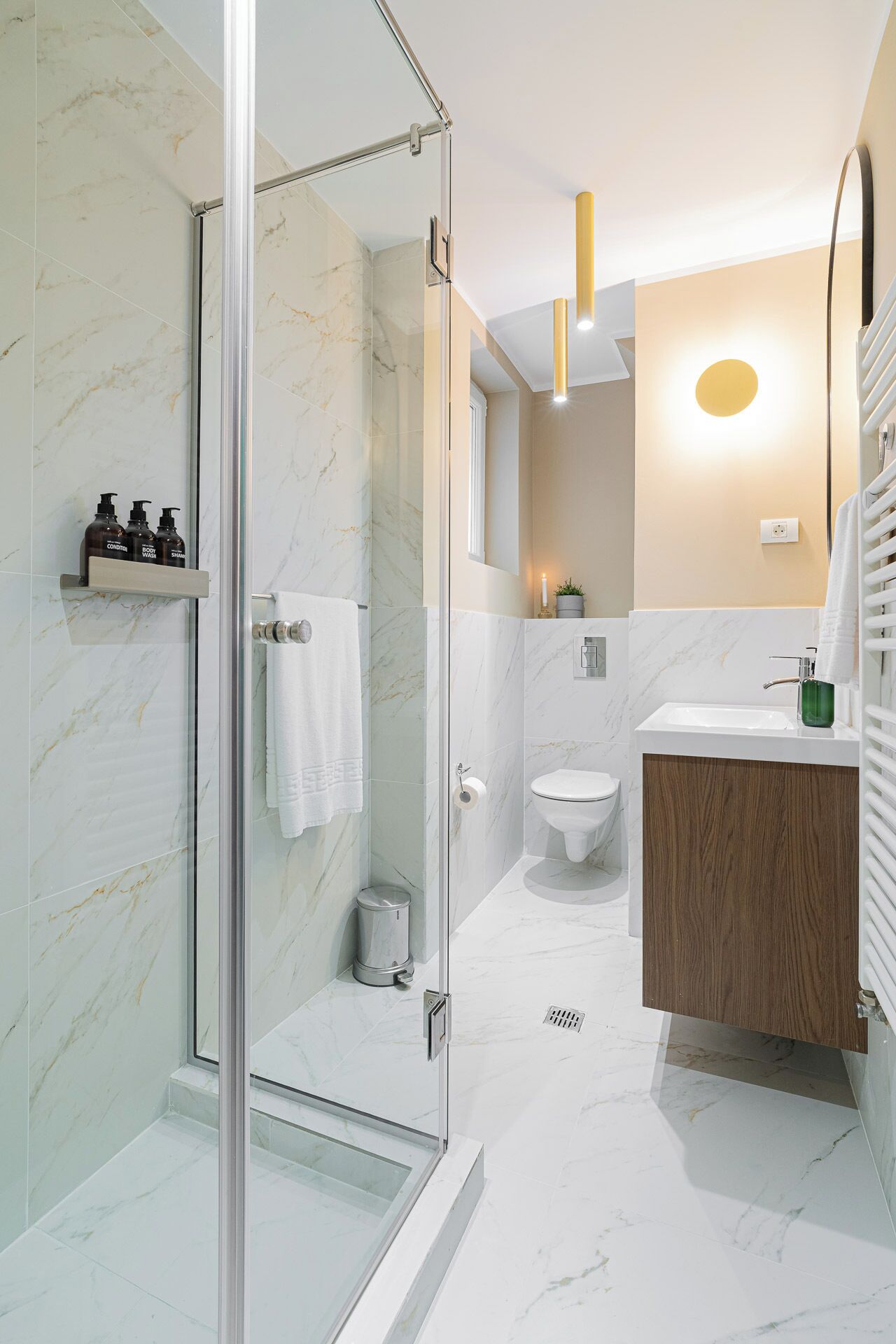 A modern bathroom with a glass-enclosed shower, a toilet, and a sink with a wooden vanity.