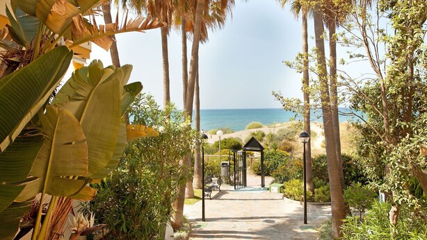 A pathway leading to a beach with palm trees and a gazebo. - Studio in Marbella with Beachfront Pool (Marbella)