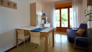 Ein kompaktes Zimmer mit Esstisch, Stühlen, einer Couch, einem Fernseher und einem Fenster mit Vorhängen.